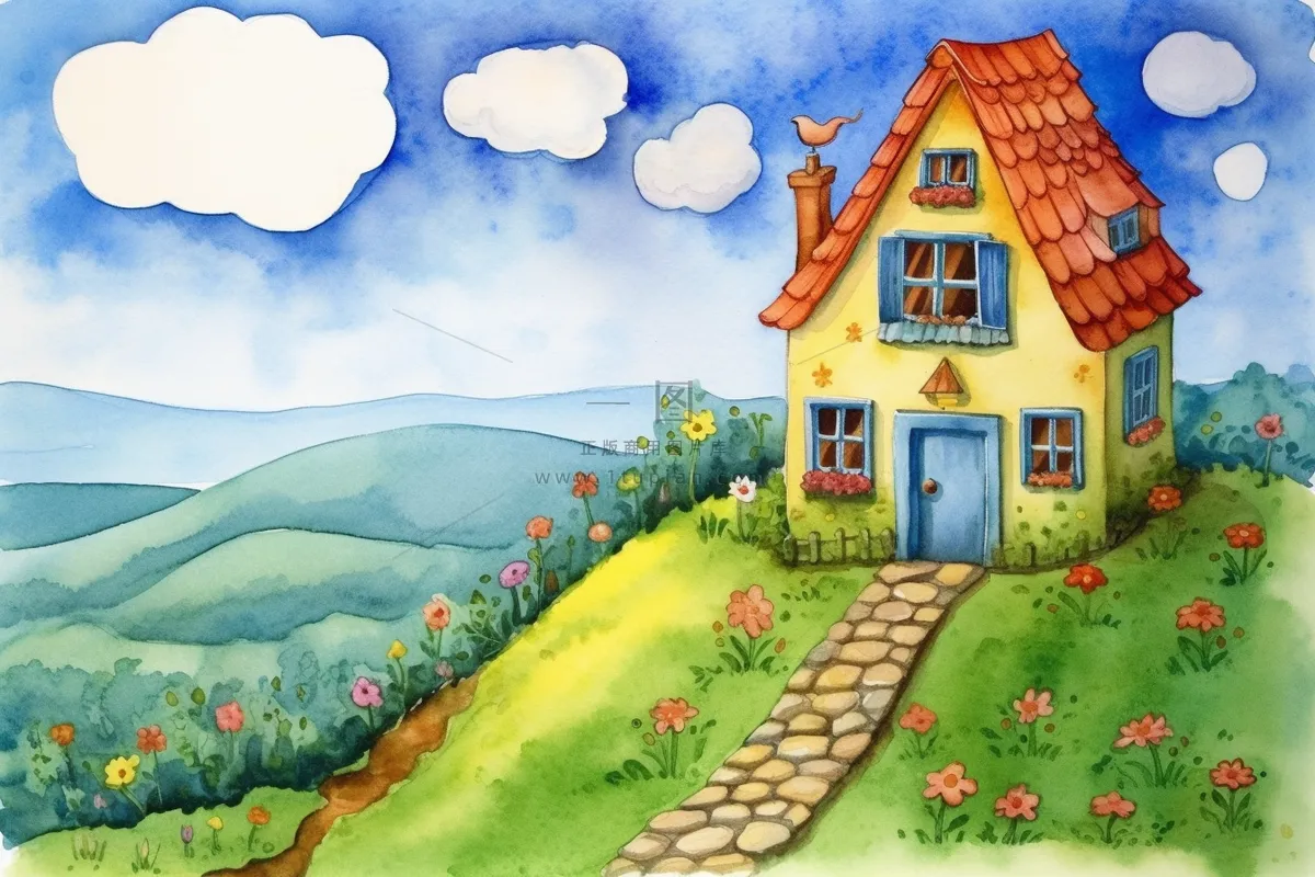 森林里的小房子门前花丛草地石子路卡通插画素材背景