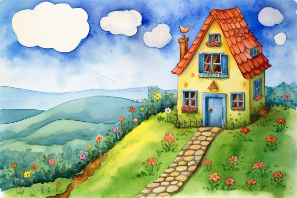 森林里的小房子门前花丛草地石子路卡通插画素材背景 森林里的小房子门前花丛草地石子路卡通插画素材背景