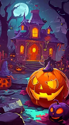 恐怖气氛万圣节南瓜屋子，西方节日卡通