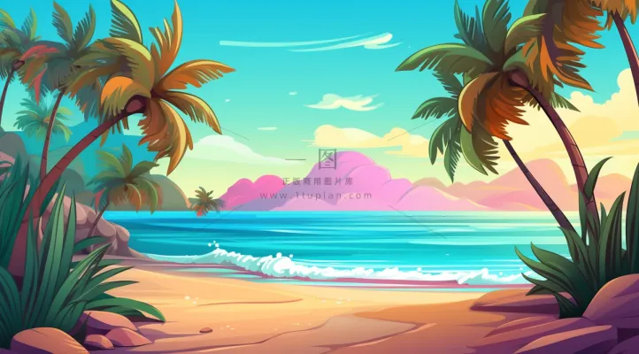 夏日海滩椰子树海浪卡通插画背景 夏日海滩椰子树海浪卡通插画背景