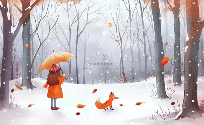 秋冬森林打伞的女孩狐狸动物相遇立冬小雪大雪冬至卡通插画背景