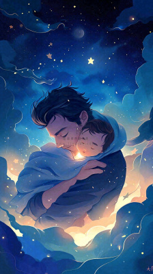 父爱如山父亲节温情亲情爱意深蓝唯美星光手绘插画