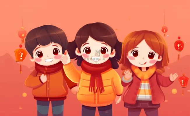 新年张灯结彩孩子们玩乐喜庆红色氛围庆祝卡通插画背景