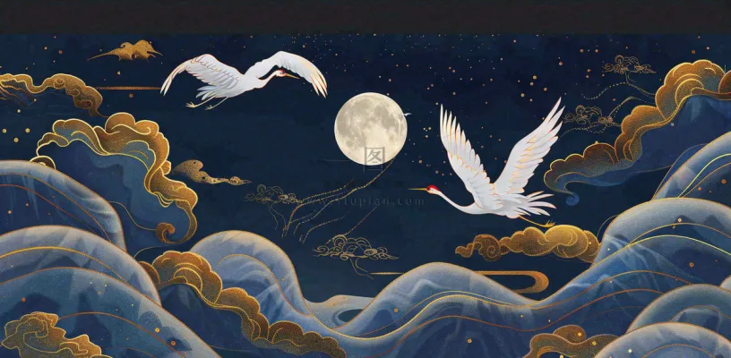 国潮山水中国风手绘祥云仙鹤插画古风唯美山水风景动物蓝金背景 国潮山水中国风手绘祥云仙鹤插画古风唯美山水风景动物蓝金背景