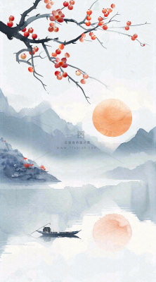 中国风山水秋冬柿子树霜降插画背景 中国风山水秋冬柿子树霜降插画背景