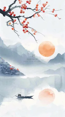中国风山水秋冬柿子树霜降插画背景 中国风山水秋冬柿子树霜降插画背景