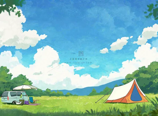 春天夏日清新草坪房车旅行露营玩耍手绘插画 春天夏日清新草坪房车旅行露营玩耍手绘插画