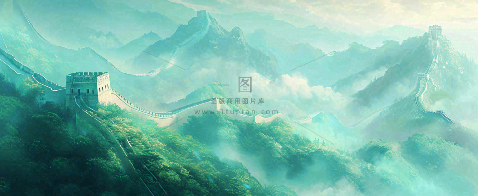 崇山峻岭高山白云中国风插画长城风景 崇山峻岭高山白云中国风插画长城风景