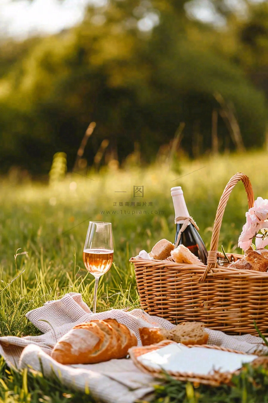 春天户外草坪野餐篮子露营食物酒面包摄影
