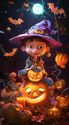 梦幻黑色万圣节恐怖南瓜，夜晚卡通动漫插画