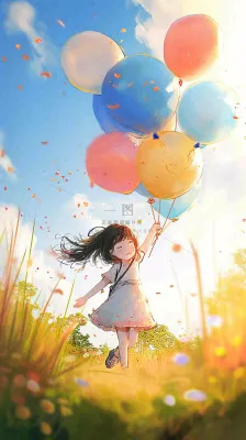 一个可爱的小女孩手里牵着彩色气球在草地上奔跑夏天,儿童节 一个可爱的小女孩手里牵着彩色气球在草地上奔跑夏天,儿童节