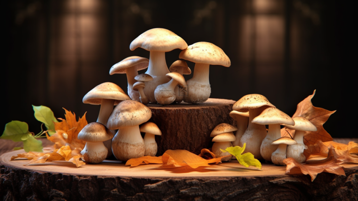 蘑菇秋季菌类木桩黄叶装饰摄影图