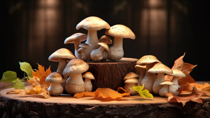 蘑菇秋季菌类木桩黄叶装饰摄影图