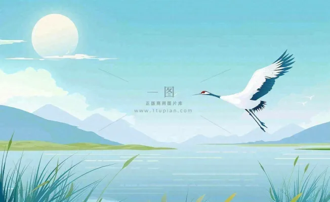 白露芦苇山水飞鹤插画蓝色唯美卡通插画背景