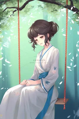 春天梨花树下秋千的少女古风汉服服饰卡通插画背景