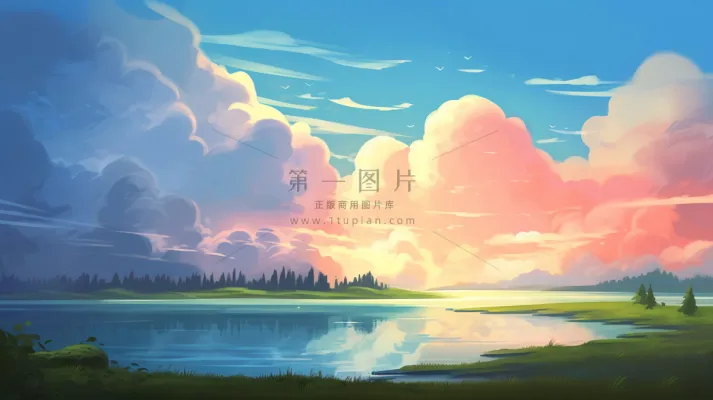 春夏落日余晖草原湖泊卡通插画背景
