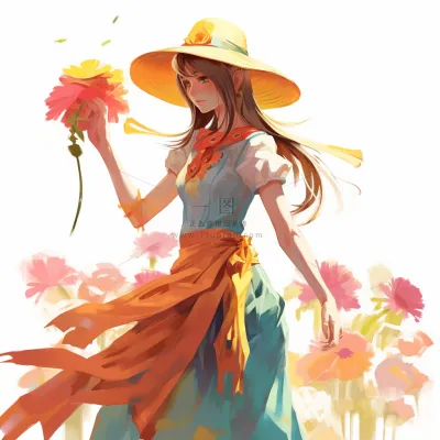 穿裙子的少女草帽色彩鲜艳卡通插画素材