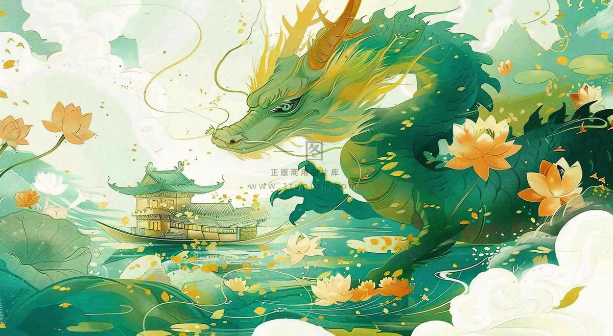 中国龙龙舟绿色创意插画端午节背景
