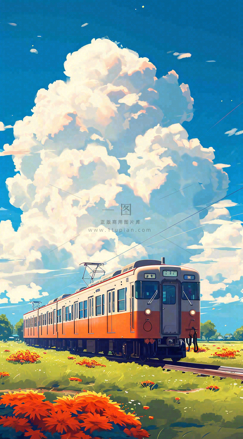 蓝天白云交通高铁铁路火车,草坪鲜花彩色插画