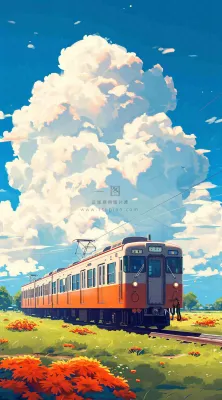 蓝天白云交通高铁铁路火车，草坪鲜花彩色插画