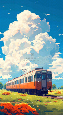 蓝天白云交通高铁铁路火车,草坪鲜花彩色插画 蓝天白云交通高铁铁路火车,草坪鲜花彩色插画