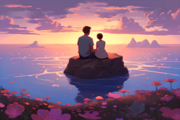 长辈父亲和孩子坐着看落日晚霞浪漫背景