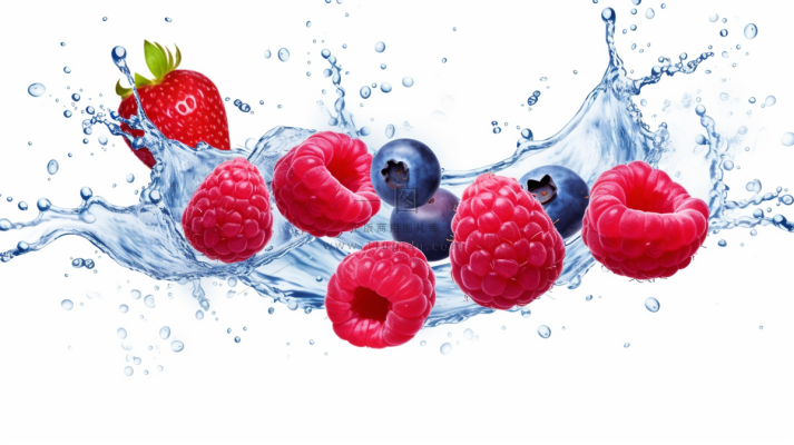 蓝莓树莓水花四溅新鲜水果摄影图