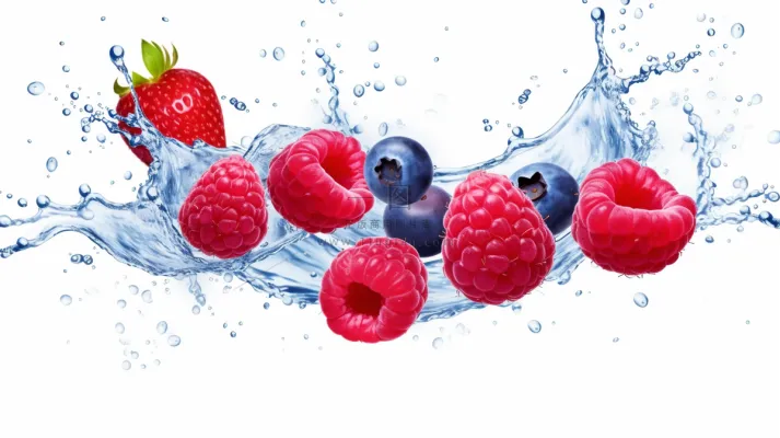 蓝莓树莓水花四溅新鲜水果摄影图