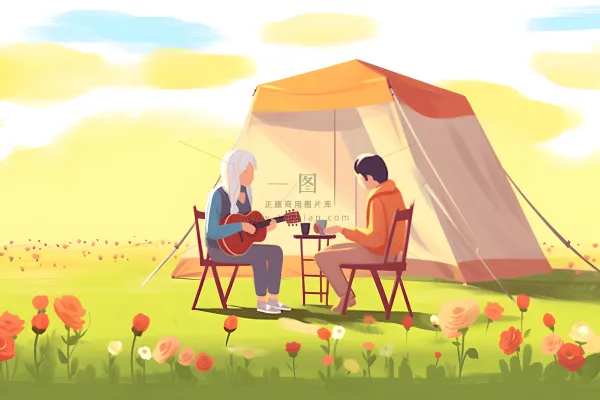 户外野外森林草原露营人们卡通插画背景 户外野外森林草原露营人们卡通插画背景