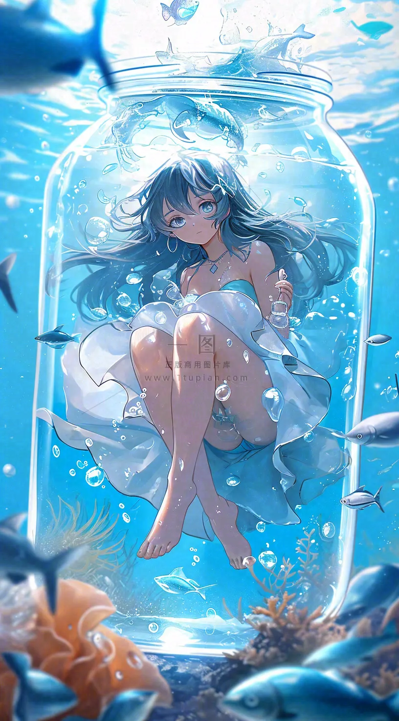 漫画少女海底瓶罐金鱼水面鱼类游泳插画手绘