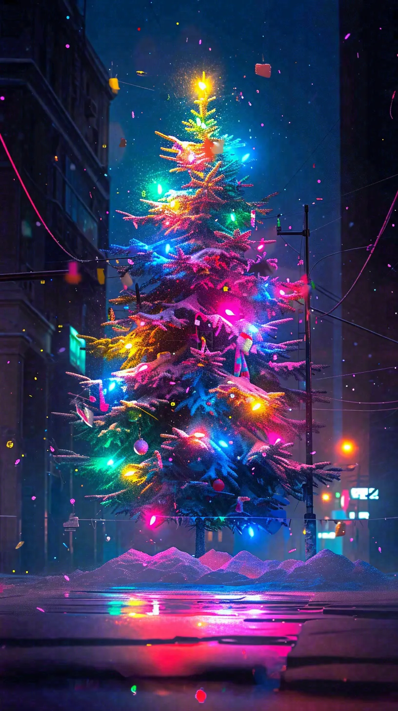 炫酷圣诞彩色缤纷圣诞树节日,夜晚街道建筑,暗黑