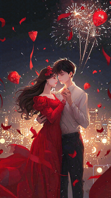 烟花中情侣在情人节的夜晚里拥抱亲吻,红色爱心气球爱情甜蜜 烟花中情侣在情人节的夜晚里拥抱亲吻,红色爱心气球爱情甜蜜