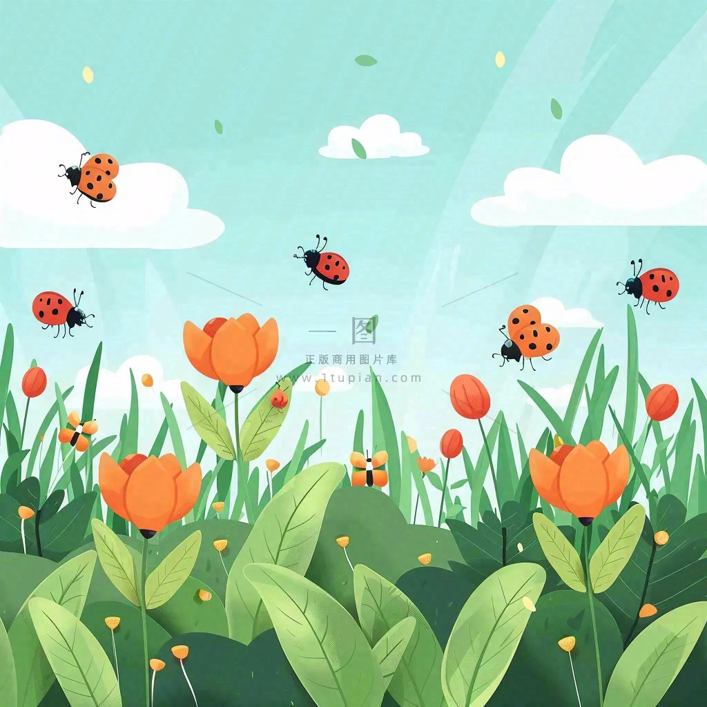 惊蛰雨水谷雨春天二十四节气卡通手绘插画瓢虫昆虫复苏绿色花草卡卡通插画背景