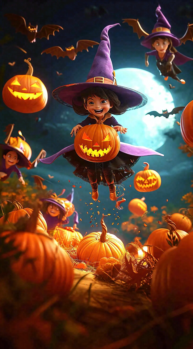 梦幻黑色万圣节恐怖南瓜，夜晚卡通动漫插画