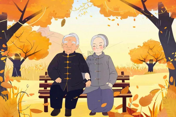 秋天公园长椅坐着的老年夫妻老人互相陪伴黄树落叶重阳佳节卡通插画背景 秋天公园长椅坐着的老年夫妻老人互相陪伴黄树落叶重阳佳节卡通插画背景