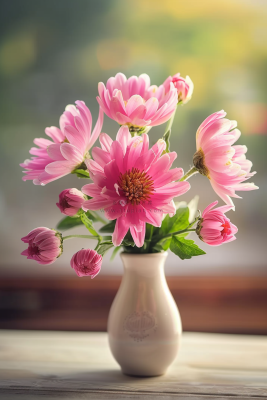 粉色菊花花束花瓶鲜切花摄影图