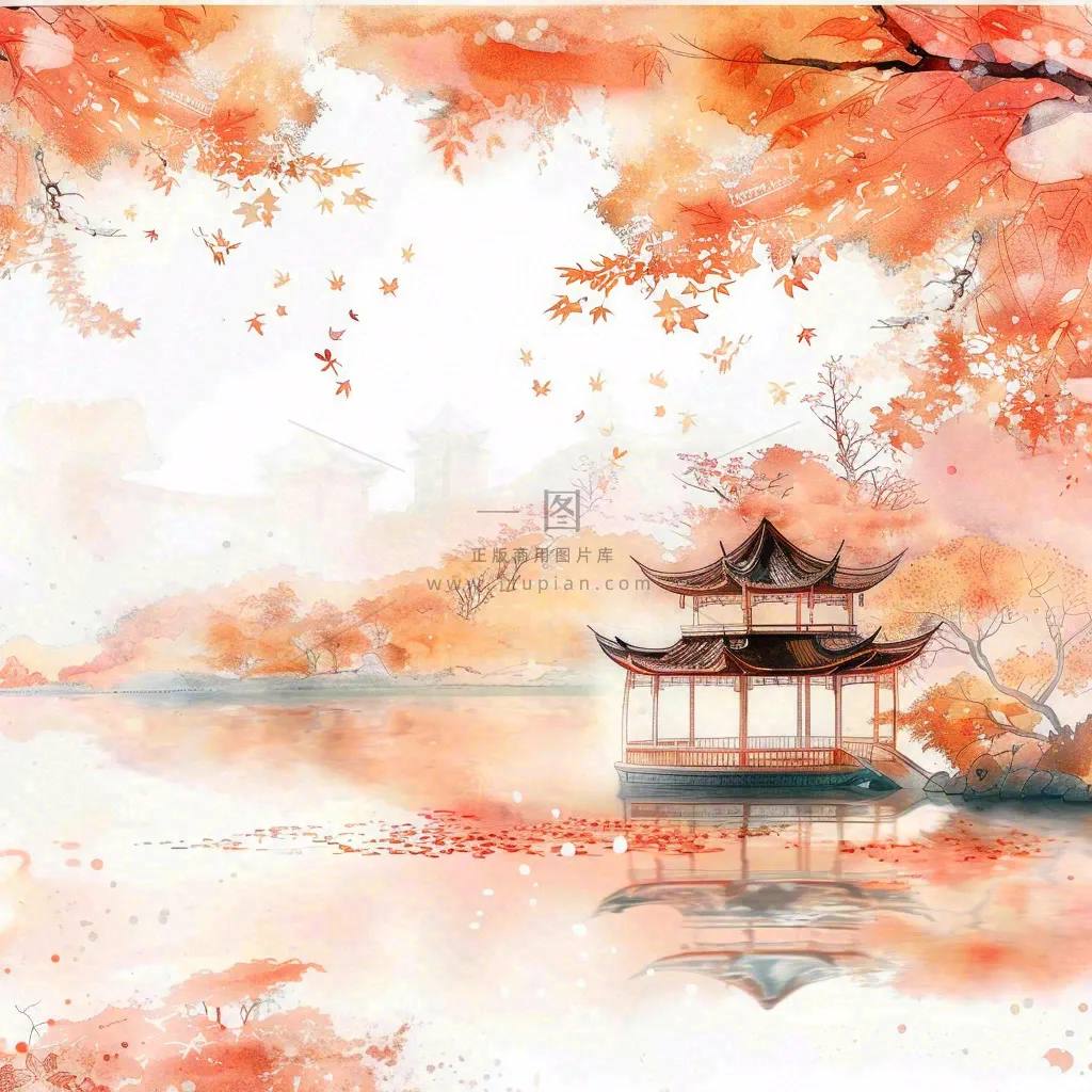 秋天红色枫叶江南水乡凉亭水墨画古风插画背景