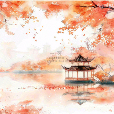秋天红色枫叶江南水乡凉亭水墨画古风插画背景 秋天红色枫叶江南水乡凉亭水墨画古风插画背景