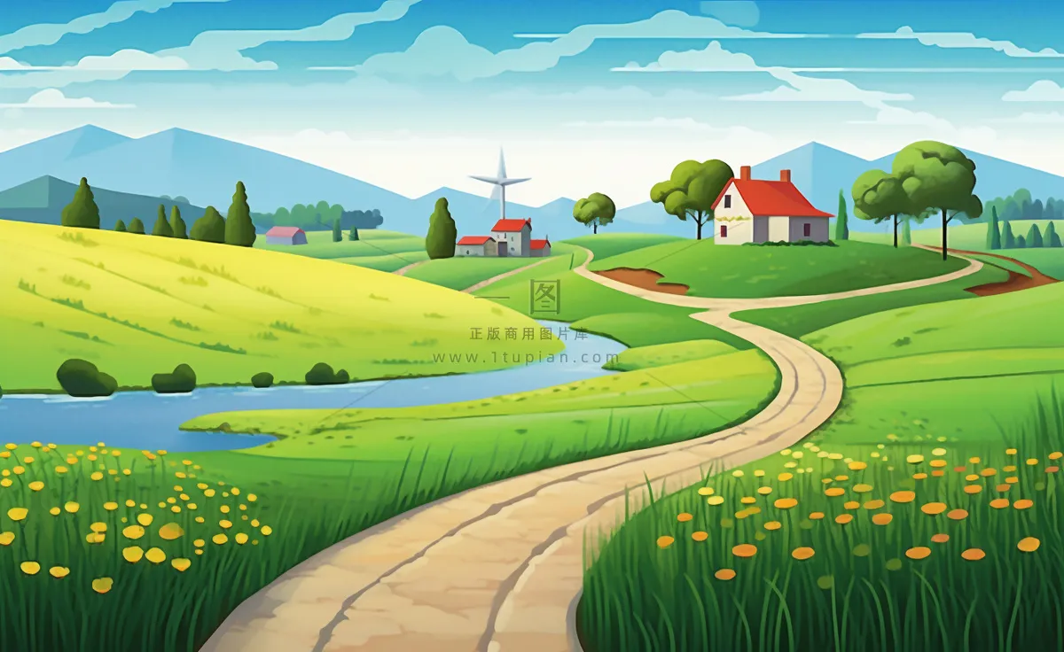 乡村村庄美丽风景河流插画农田插画背景