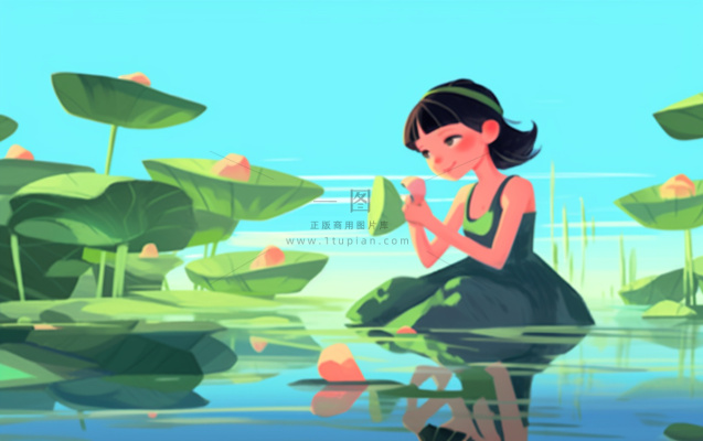 湖泊坐着睡莲上的人碧蓝插画背景 湖泊坐着睡莲上的人碧蓝插画背景