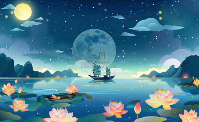 中秋夜晚赏月荷花山水河流中的帆船舟月亮倒映水面中元节寒露插画背景
