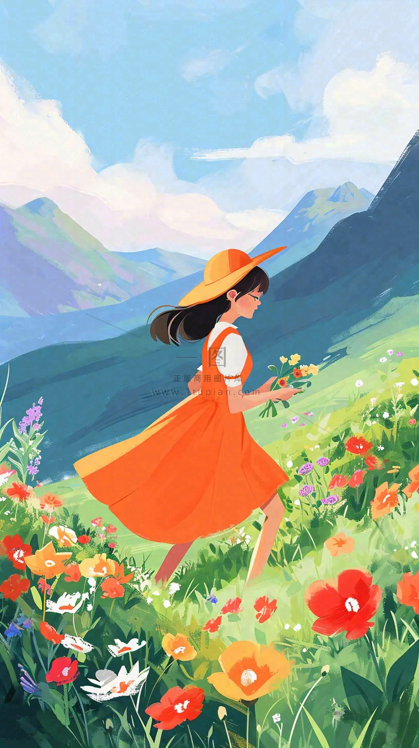 春天山脉草坪花海上穿裙子的女孩油画手绘插画，清新浪漫，踏青春游