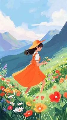 春天山脉草坪花海上穿裙子的女孩油画手绘插画,清新浪漫,踏青春游 春天山脉草坪花海上穿裙子的女孩油画手绘插画,清新浪漫,踏青春游