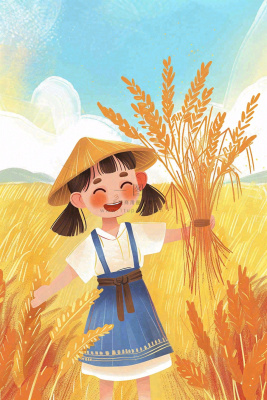 秋收麦田里抱着麦穗的女孩农民芒种立秋秋分卡通插画背景 秋收麦田里抱着麦穗的女孩农民芒种立秋秋分卡通插画背景