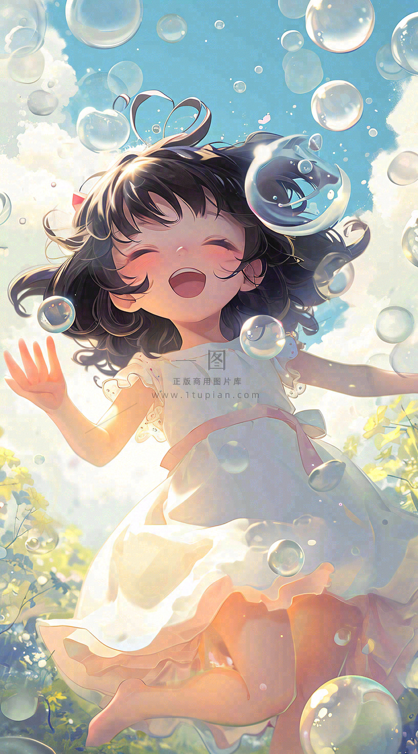 春天夏天女孩草地玩耍,阳光白云气泡可爱插画