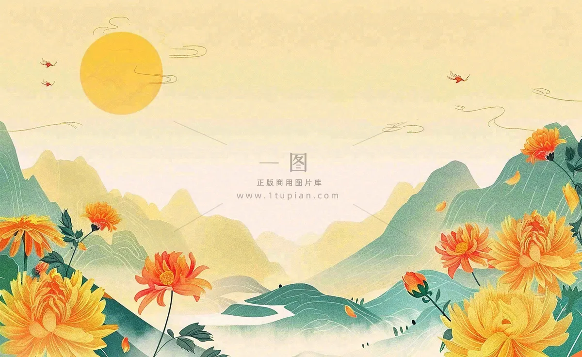 金秋菊花山水国潮插画中秋重阳立秋秋分插画背景