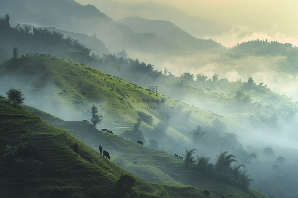 清晨日出朝霞云层山川摄影图