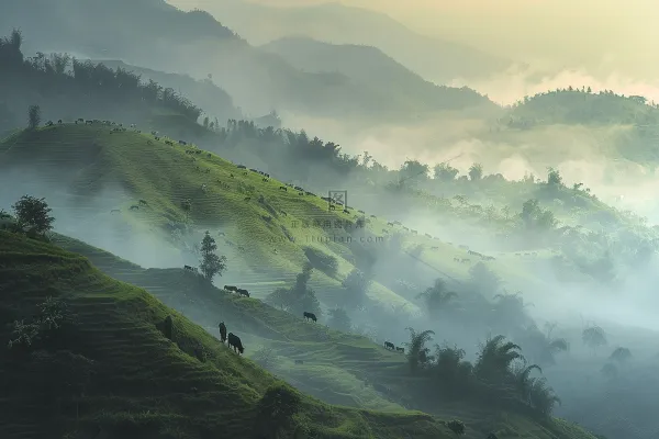 清晨日出朝霞云层山川摄影图