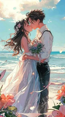 海边阳光沙滩情侣婚纱照爱情甜蜜情人节手绘插画