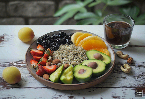 美食水果拼盘早餐沙拉咖啡，牛油果香蕉草莓奇异果果汁摄影图